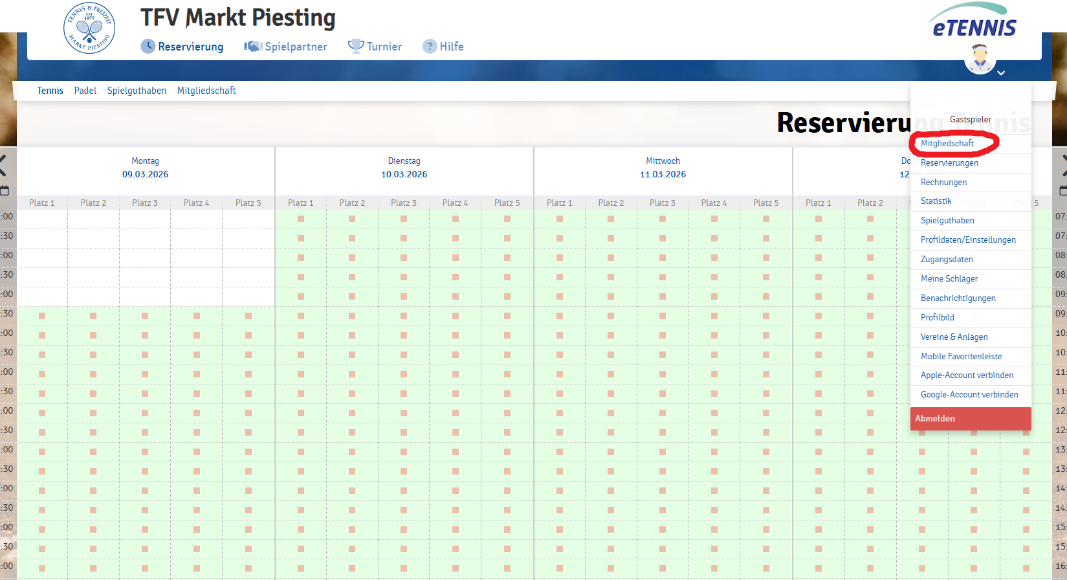 Menü mit markiertem Bereich für Mitgliedschaft