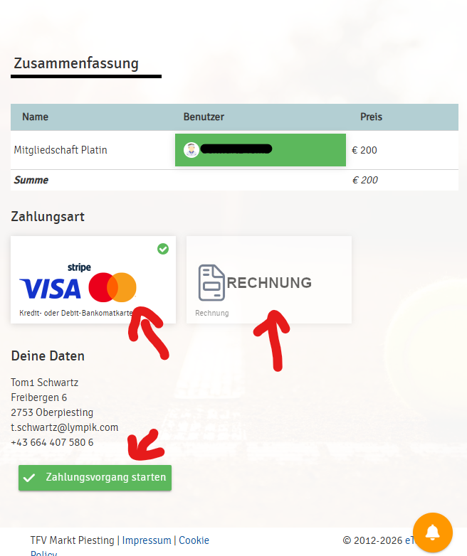 Zusammenfassung und Auswahl der Zahlungsart