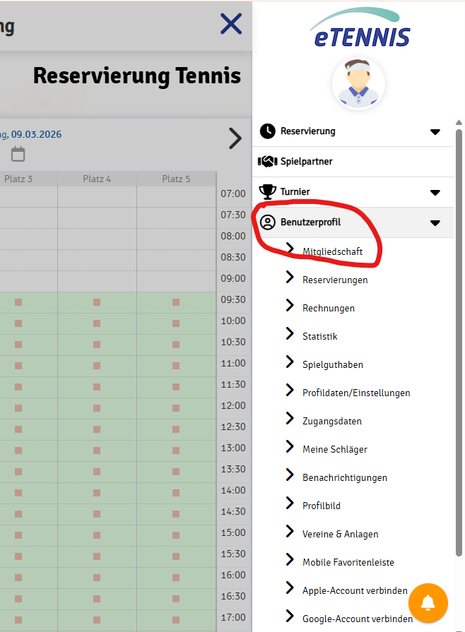 Benutzerprofil-Menüpunkt Mitgliedschaft
