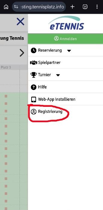 Registrierungsoption im Menü auf dem Smartphone