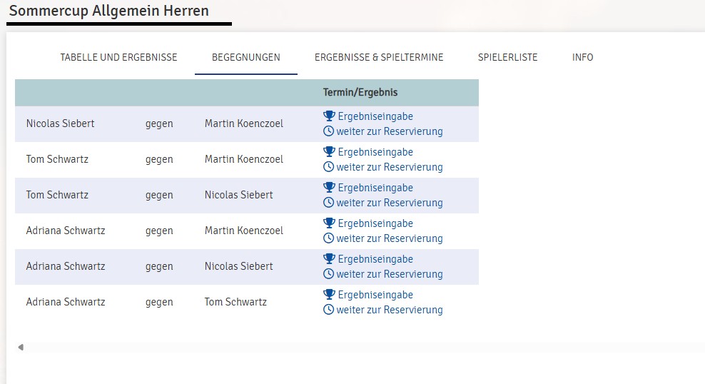 Begegnungen mit Ergebniseingabe und Reservierung